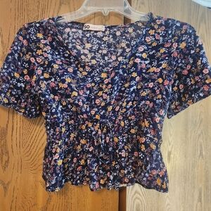 SO Navy Floral V-Neck Peplum Blouse